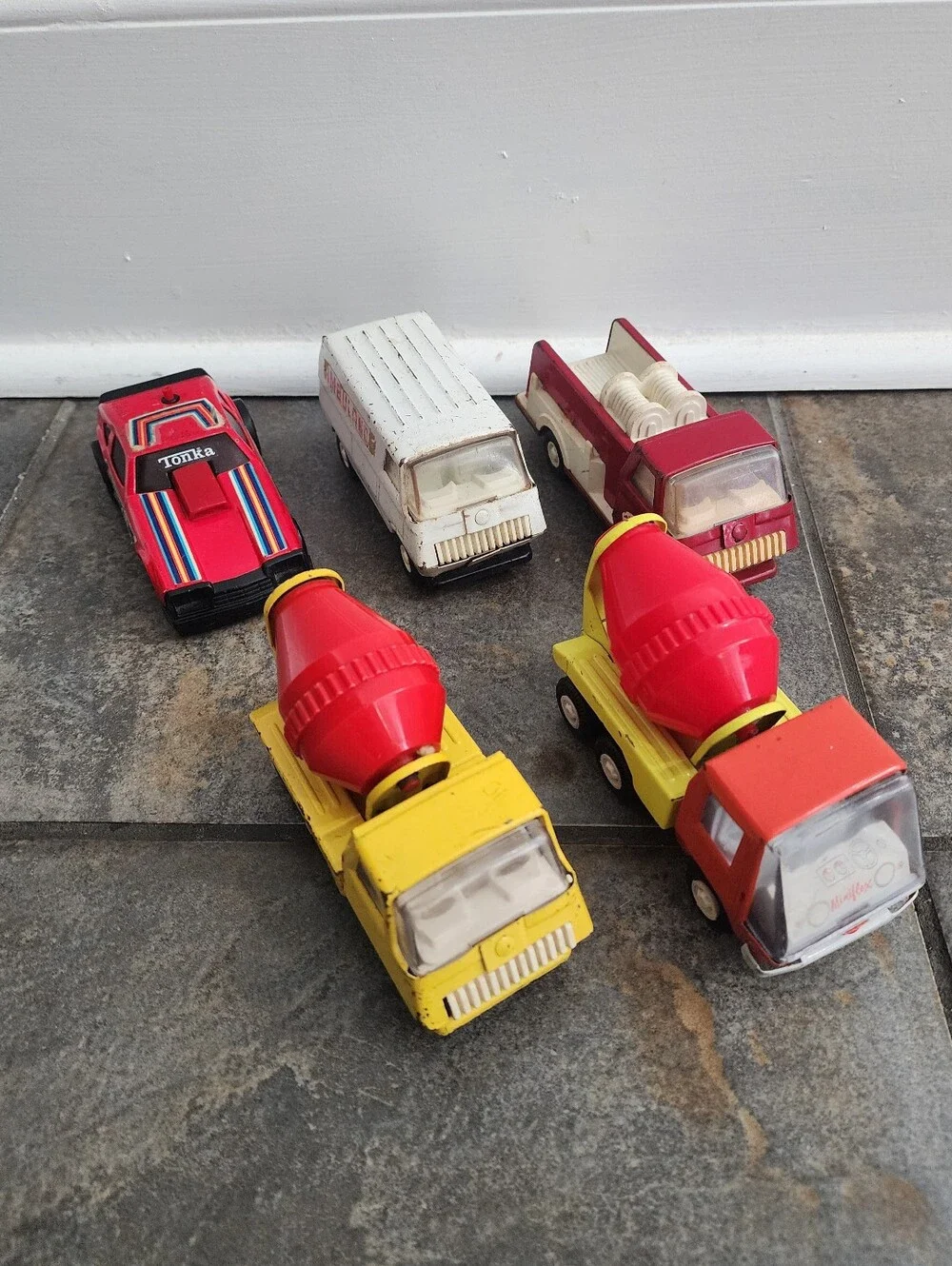 Vintage 70s Pressed Steel Lot Of 5 Tonka & Miniflex- Cement Truck, Firetruck